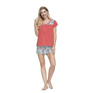 New Women's V-Neck Tee and Short Pajama Set Coral